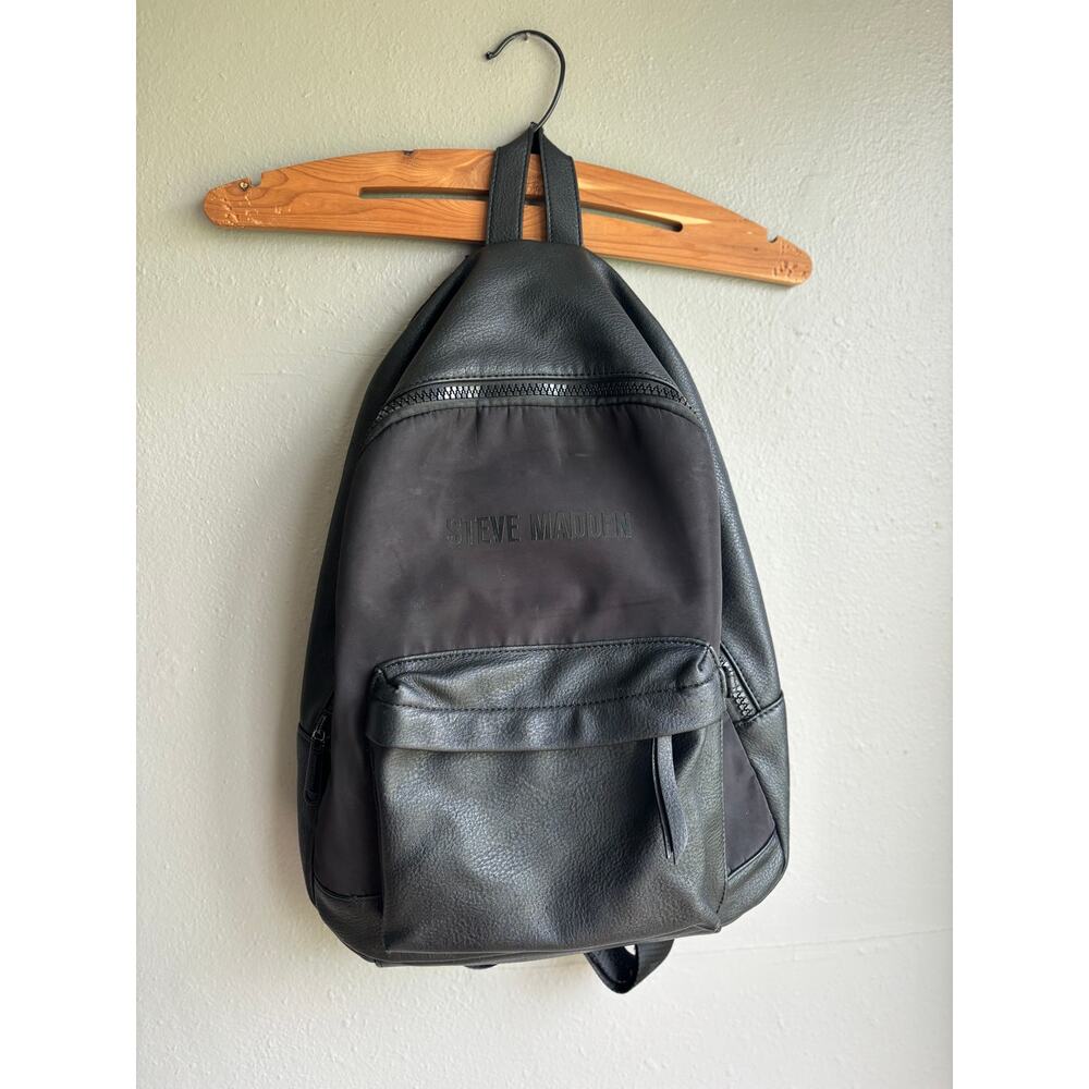 Steve Madden Womens‎ Faux Leather Backpack Logo Strap Adjustable Black One Size